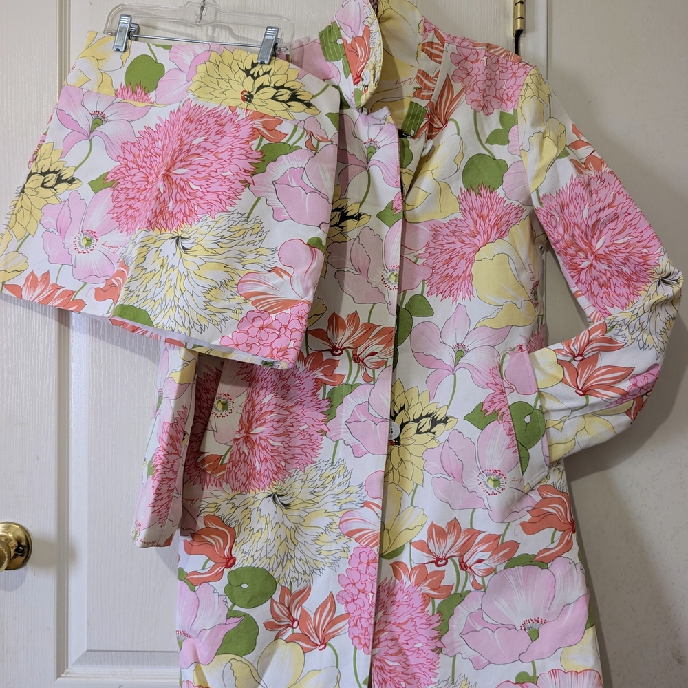 Burberry Floral Pink and Yellow Jacket & Skirt Set.  Thick Material.  Stunning.